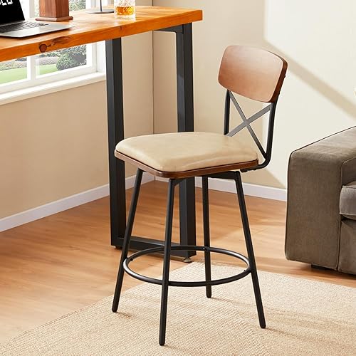 Miniatura 3 de Juego de 2 taburetes de bar giratorios de altura de mostrador, taburetes de bar tapizados con respaldo para isla de cocina, altura de asiento de 26