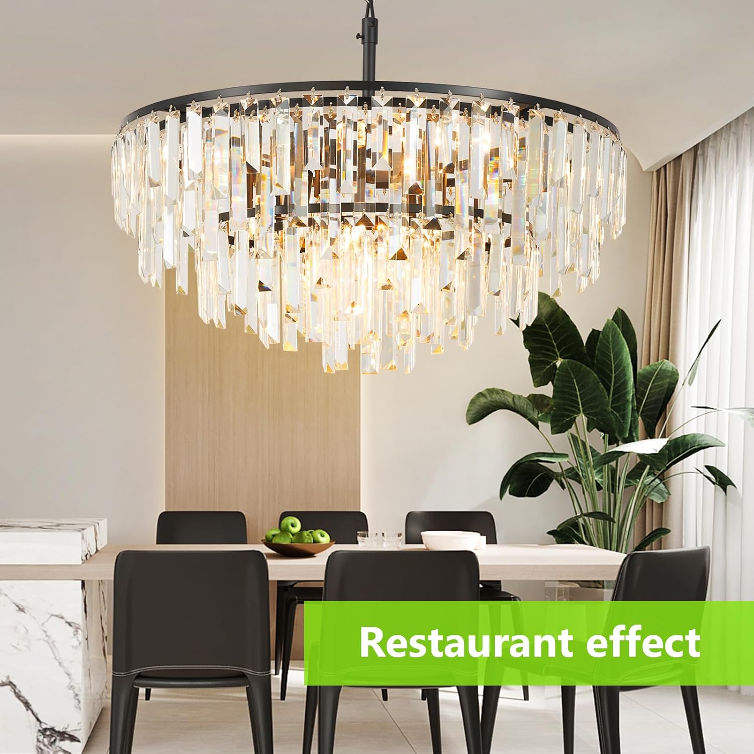 Black Modern Round Top K9 Crystal Chandelier Lighting Fixture, 8 Lights Round K9 Crystal Adjustable Hanging Lamp for Dining Room Bedroom Living Room,Hallway,Bar,Kitchen W24'