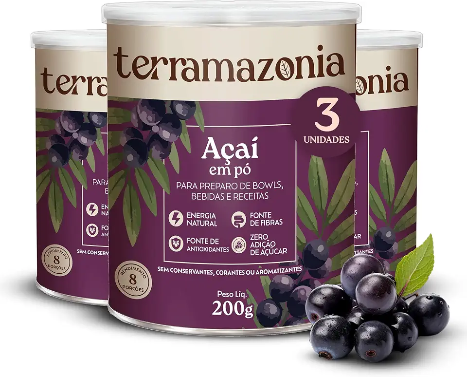 TERRAMAZONIA Kit Açaí em Pó Natural - Fonte de Antioxidantes - Rico em Fibras - Zero Adição de Açúcar, Zero Glúten, Zero Lactose - Sem Conservantes - Vegano - 200g Lata - 3 Unidades