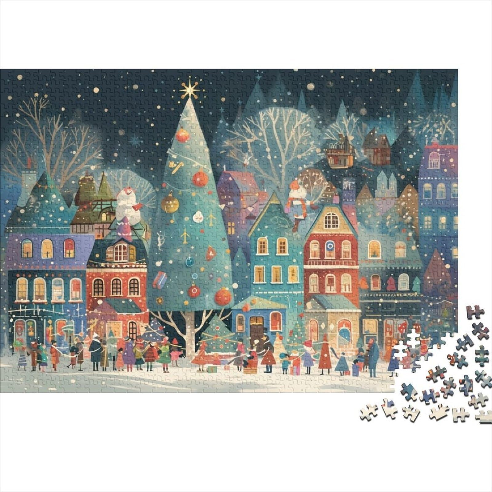 Christmas Town Scene 1000 Piece Jigsaw Puzzle Paper Adult Jigsaw Puzzle for Adults Winter Night Family Leisure Focus Home Decor 52x38cm/1000pcs