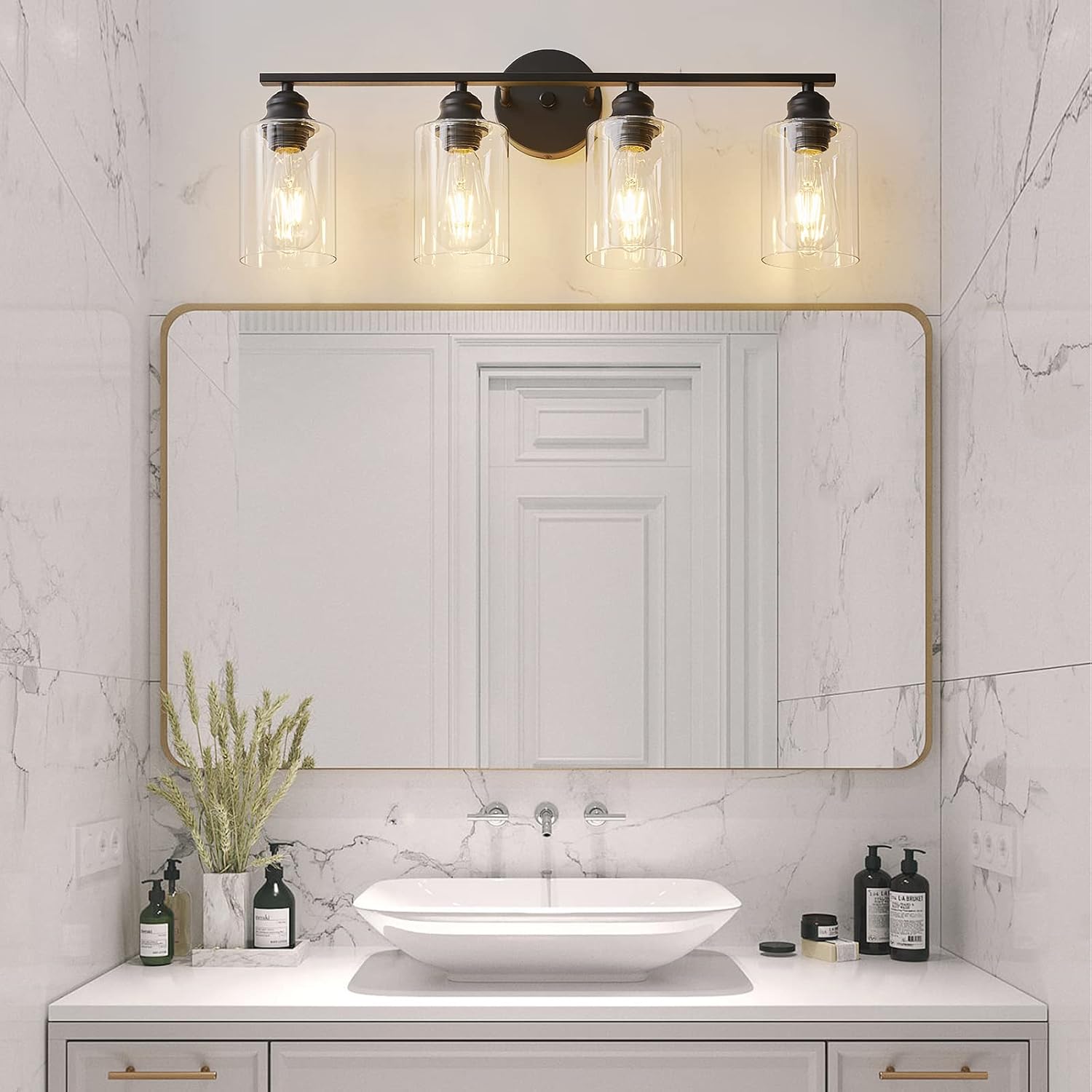 Black Bathroom Light Fixtures 4 Lights with Clear Glass Farmhouse Vanity Light Matte Black Bathroom Vanity Light Industrial Bathroom Lighting Over Mirror