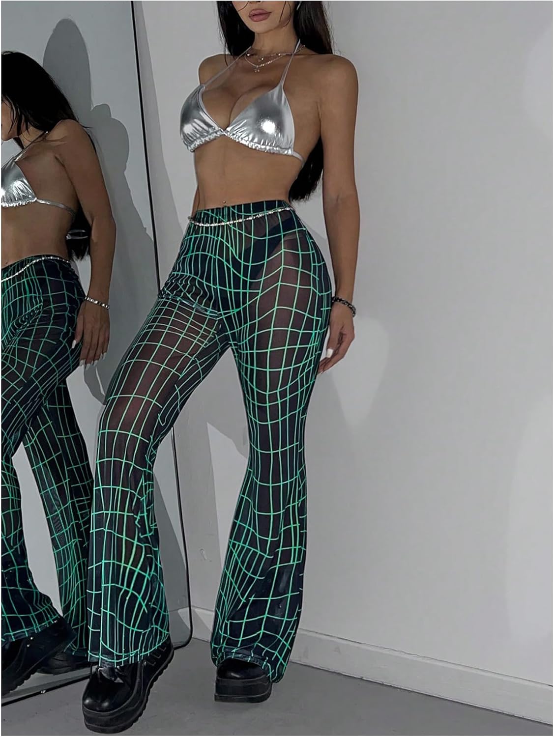 Milumia Women's Geometric Plaid Bell Bottoms Y2K Sheer Flare Leg Mesh Pants - Image 5