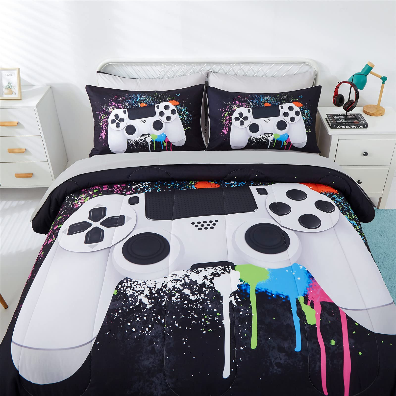 5 Piece Boys Full/Queen Gamer Comforter Set with Sheets, 3D Colorful Video Game Controller Comforter for Kids Teen, All Season Soft Microfiber Gaming Bedding Set(White,Queen) 3