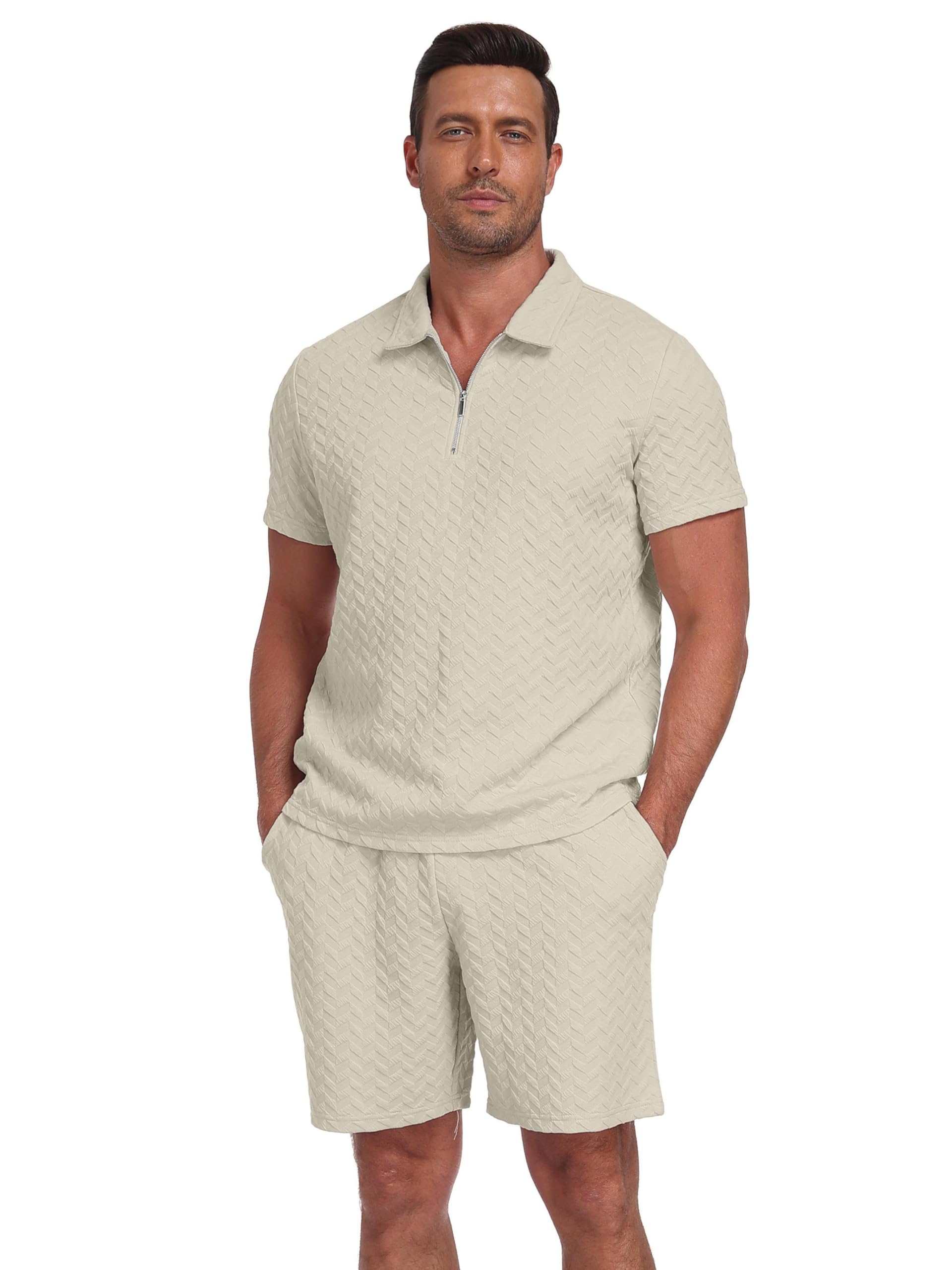 QIXING Chándal para hombre de 2 piezas, pantalones cortos de verano y camiseta con media cremallera, conjunto de camisa polo para hombre