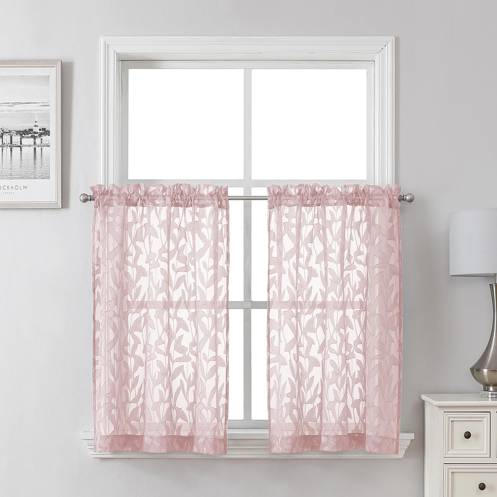 Lecloud Leia Blush Pink Sheer Kitchen Curtains 30 Inch Length 2 Pcs, Leaf Textured Voile Modern Jacquard Tiers, Dual Rod Pocket Window Treatments for Bedroom Living Room, 30" W x 30" L โ image 1