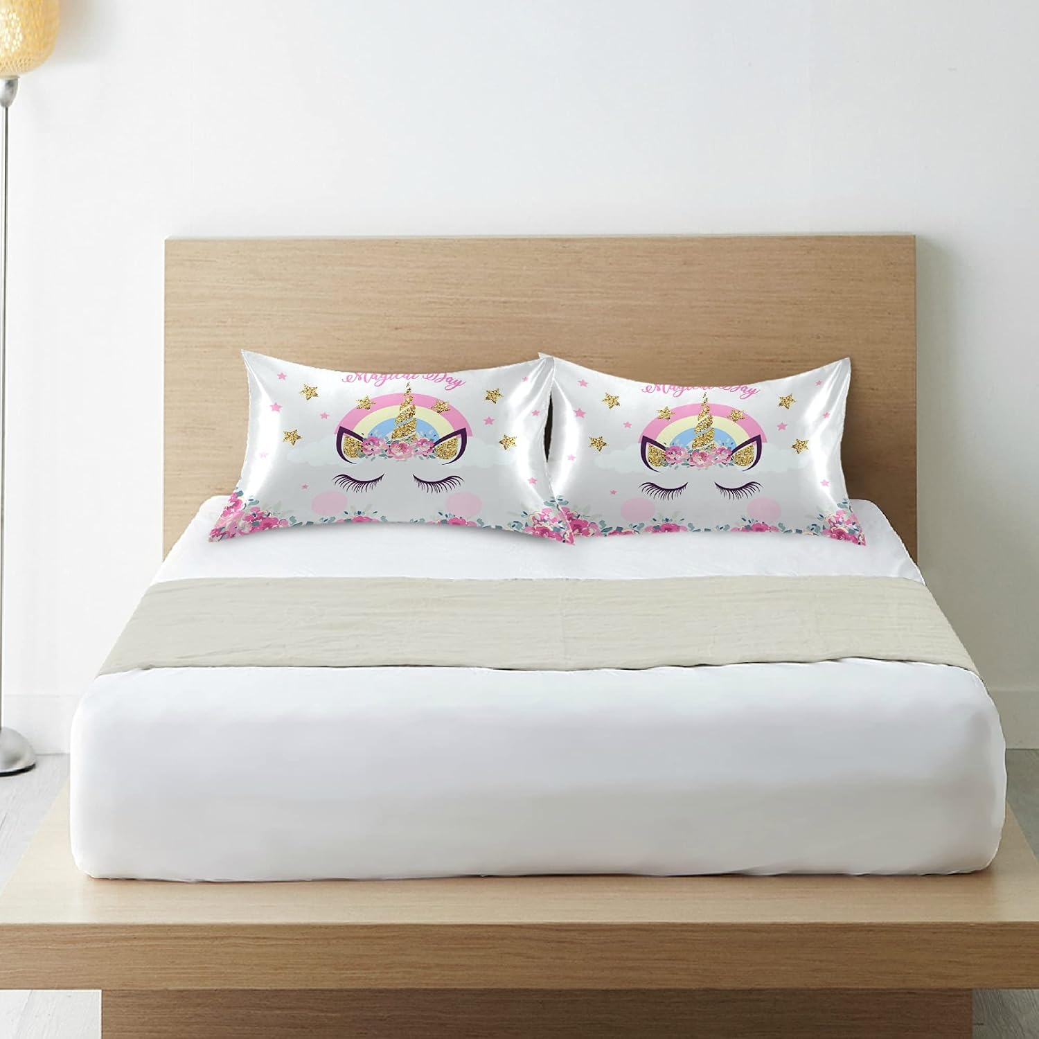 Cute Unicorn Girl Print Satin Pillowcase for Hair and Skin, Unicorn and Pink Flowers Silk Pillow Case with Envelope Closure, Standard Size 20x26 inches, White, 1 PC