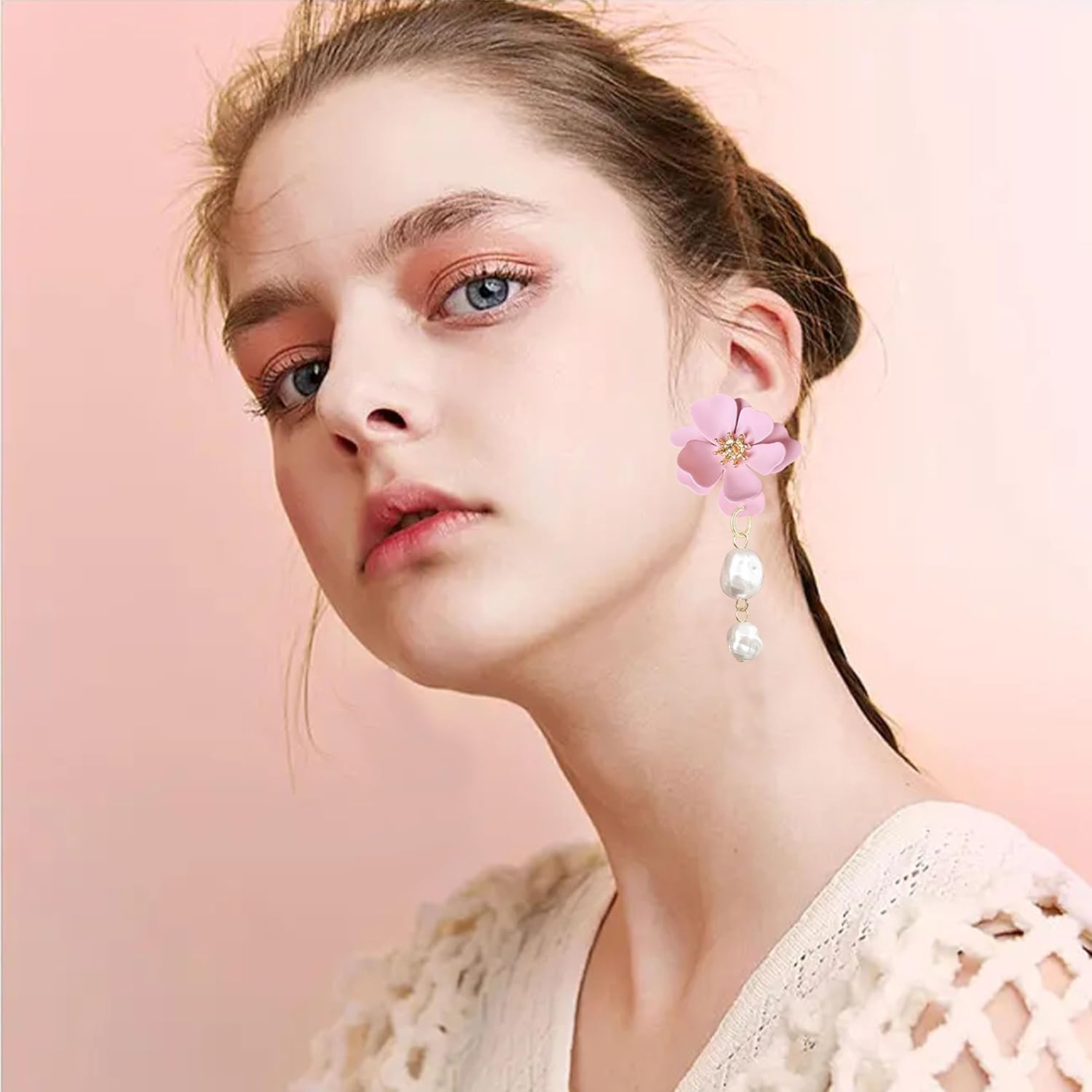 Gold Plated Floral Flower 2 Pearl Tassel Earrings for Women Bohemian Drop Dangle Earrings - Image 3