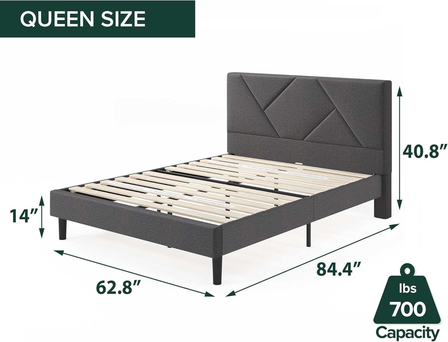 ZINUS Judy Upholstered Platform Bed Frame, Mattress Foundation, Wood Slat Support, No Box Spring Needed, Eco Friendly WonderBox (TM), Easy Assembly, Dark Grey, Queen - Image 2