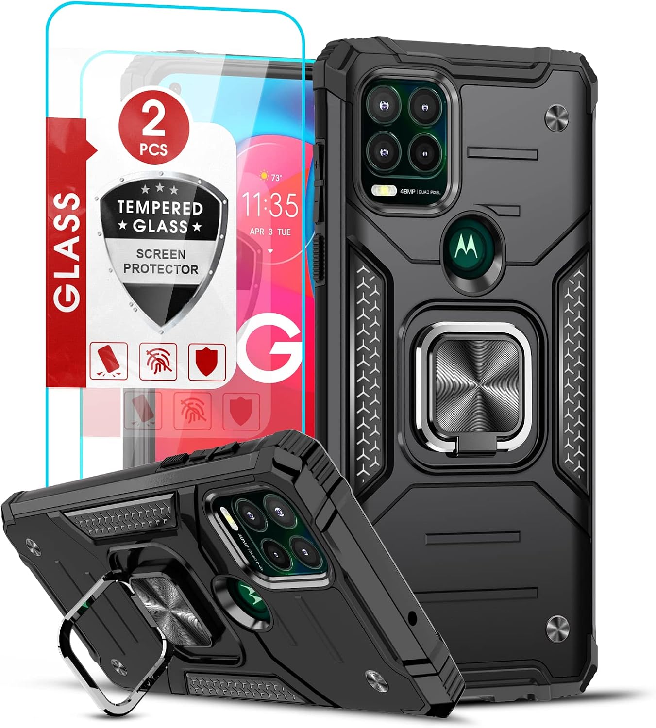 LeYi Case for Moto G Stylus 5G Case, Motorola G Stylus 5G Case with [2X Glass Screen Protector] for Men Women, Shockproof [Military-Grade] Phone Case with Ring Kickstand for Moto G Stylus 5G, Black