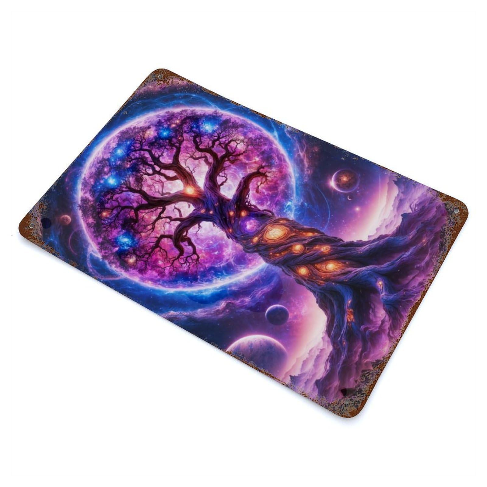 Cosmic Tree of Life Rustic Tin Plaque 11.8"x7.9", Ideal for Shed, Workshop And Garage Wall Decor