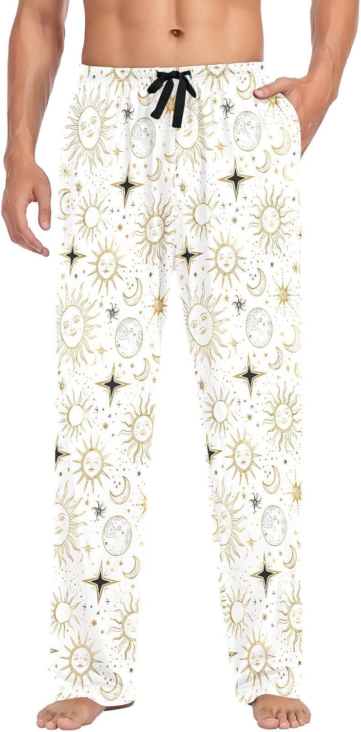ALAZA Sun Star Crescent Moon Doodle Men's Pajama Pants Men Cotton Pajama Bottoms with Pockets, S