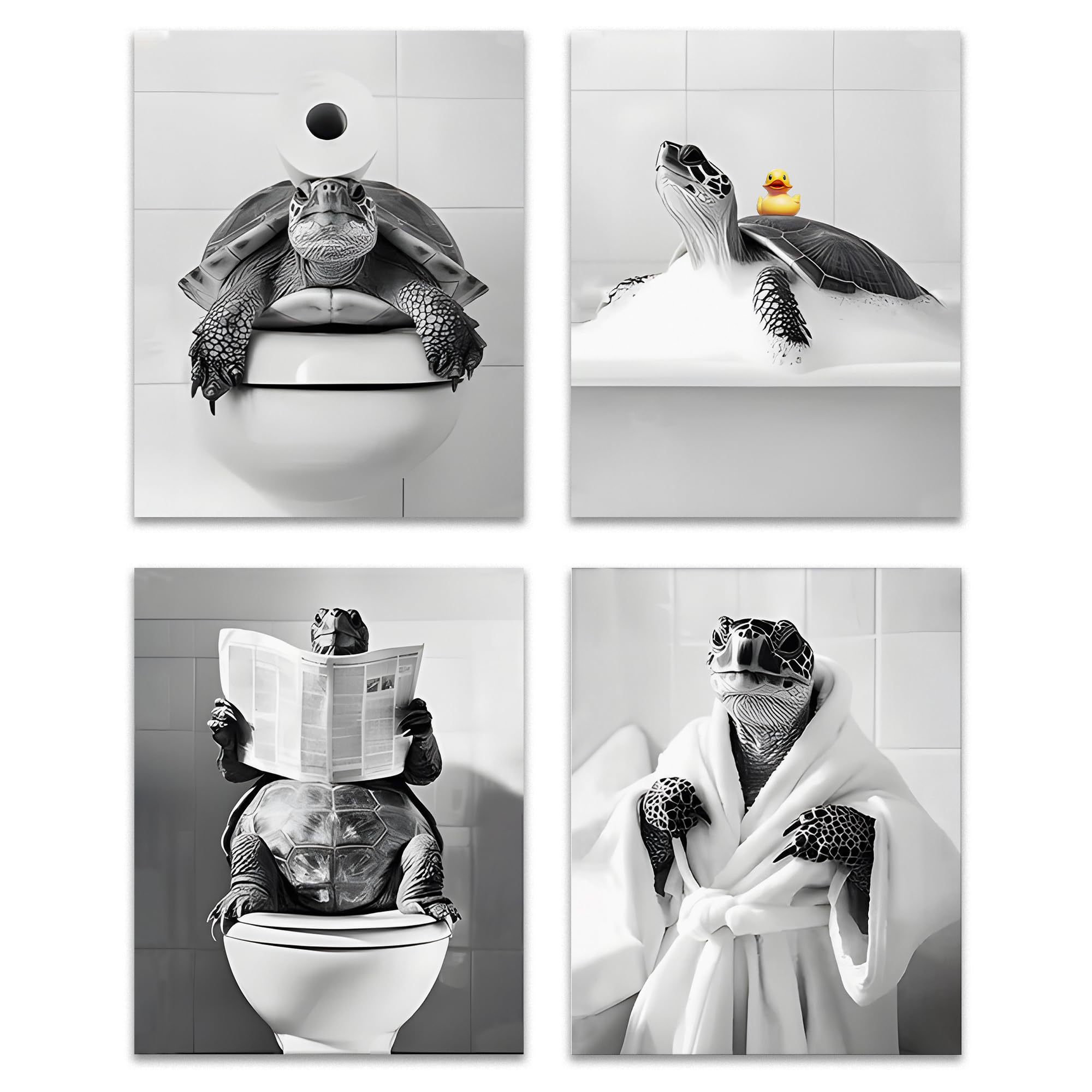 OFJE Funny Sea Turtle Bathroom Wall Art Decor Prints Set of 4, Black and White Turtle in Bathtub Posters Pictures Wall Decor for Bathroom Washroom Restroom, 8x10 Unframed