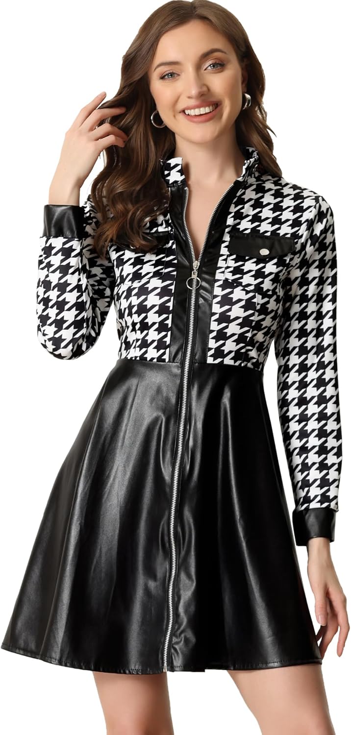 Allegra K Women's PU Faux Leather Houndstooth Patchwork Zipper Up Club Party A-Line Dress