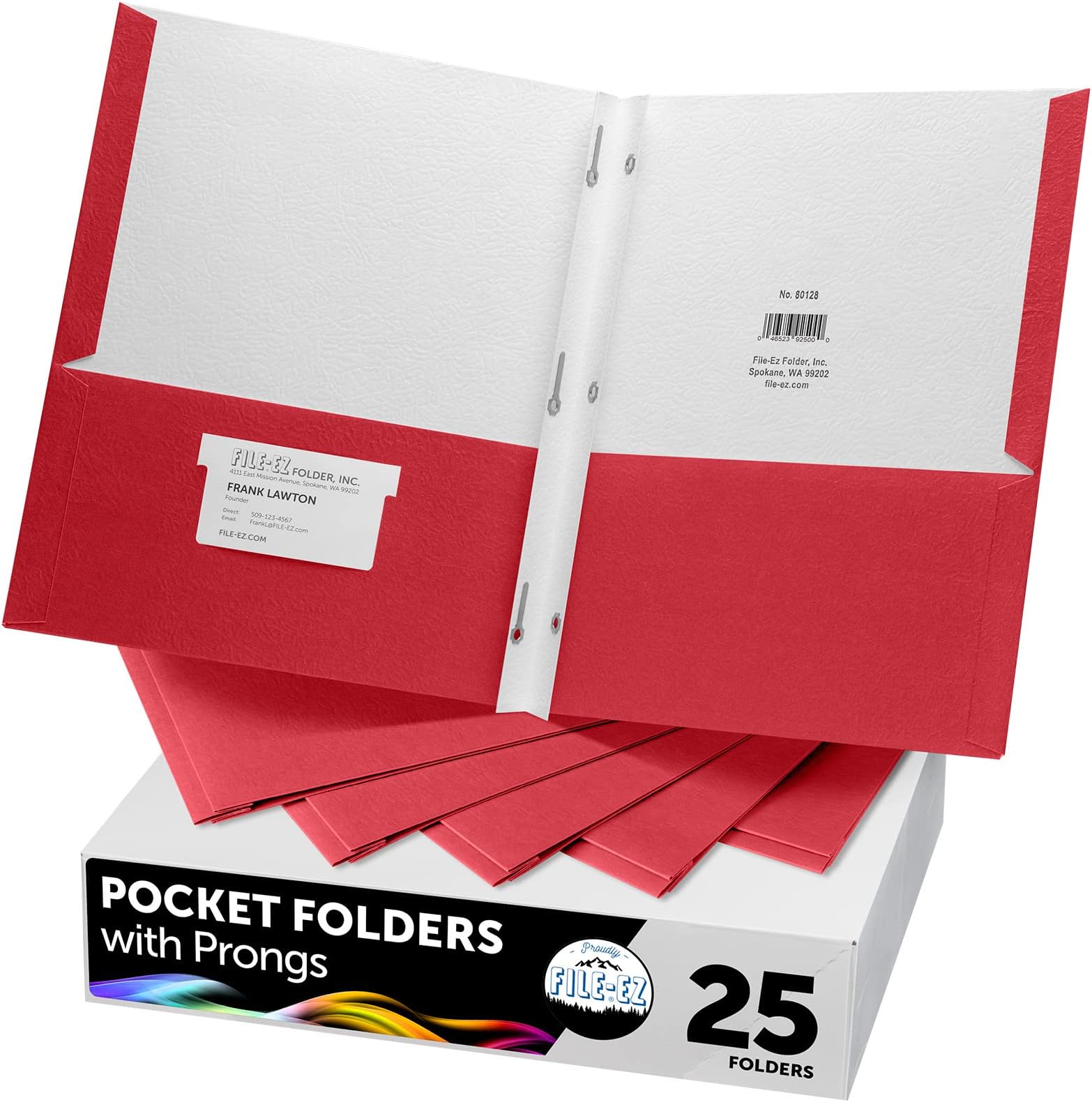 FILE-EZ Two-Pocket Folders with 3-Prong Fasteners, Red Color, 25-Pack, Durable Textured Paper, Matte Finish, Letter Sheet Size (EZ-92558)