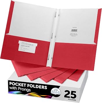 FILE-EZ Two-Pocket Folders with 3-Prong Fasteners, Red Color, 25-Pack, Durable Textured Paper, Matte Finish, Letter Sheet Size EZ-92558