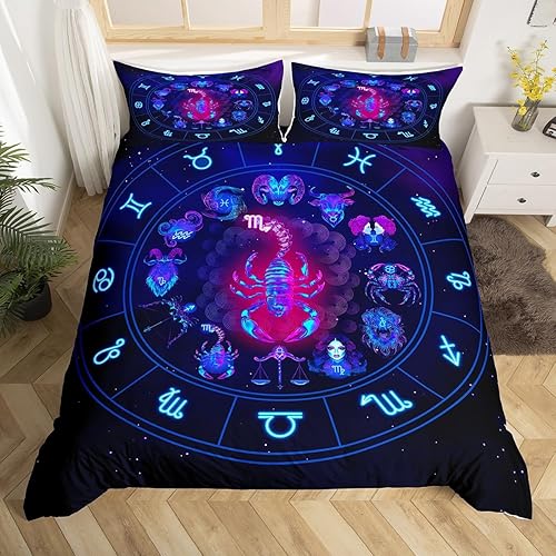 Miniatura 19 de Piscis - Juego de funda de edredón tamaño Queen con patrón de constelación 3D, funda de edredón de galaxia morada para niños, jóvenes, niñas, Multi