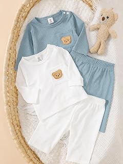 Set di abbigliamento a costine per neonato, con tasca a maniche lunghe e pantaloni elastici in vita, 4 pezzi