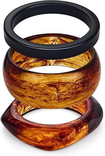 WOWORAMA 3pcs Colorful Resin Acrylic Bangle Bracelets Set for Women Wide Chunky Acrylic Bracelets Stackable Geometric Acetate Resin Bangles Stack Plastic Statement Bracelet