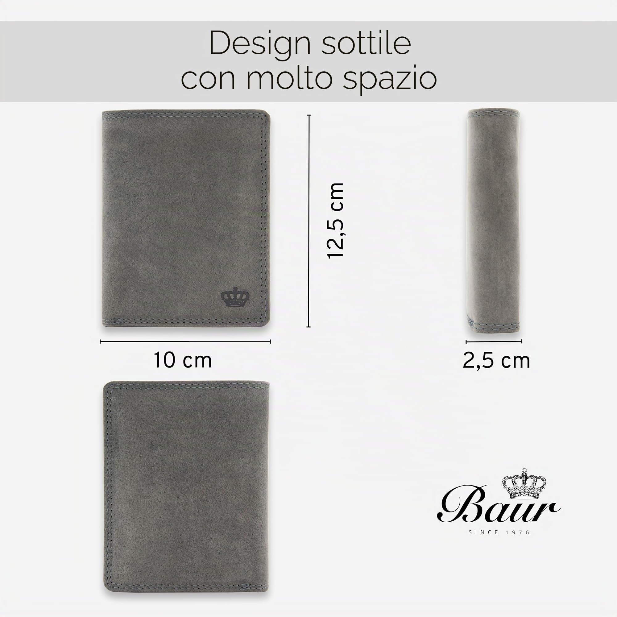 Baur portafoglio da uomo – vera pelle di bufalo con protezione RFID – portafoglio grande verticale con 12 scomparti carte e ampio scomparto monete (Formato verticale con bottone interno, Grigio)