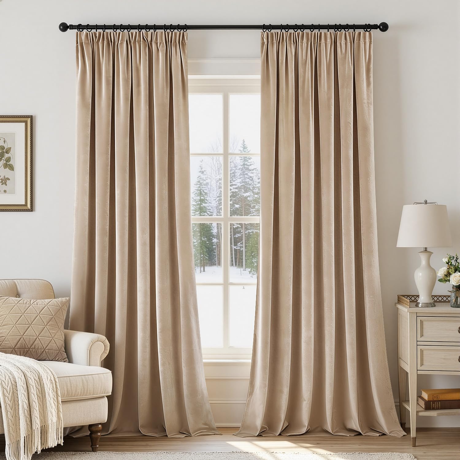 Woaboy Samtvorhang mit Kräuselband Blickdichte Vorhänge 140x245 cm Beige | 2er Set Samt Gardinen Deko Schöne Dicke und Schwere Wohnzimmer Schlafzimmer Verdunkelung Thermovorhang
