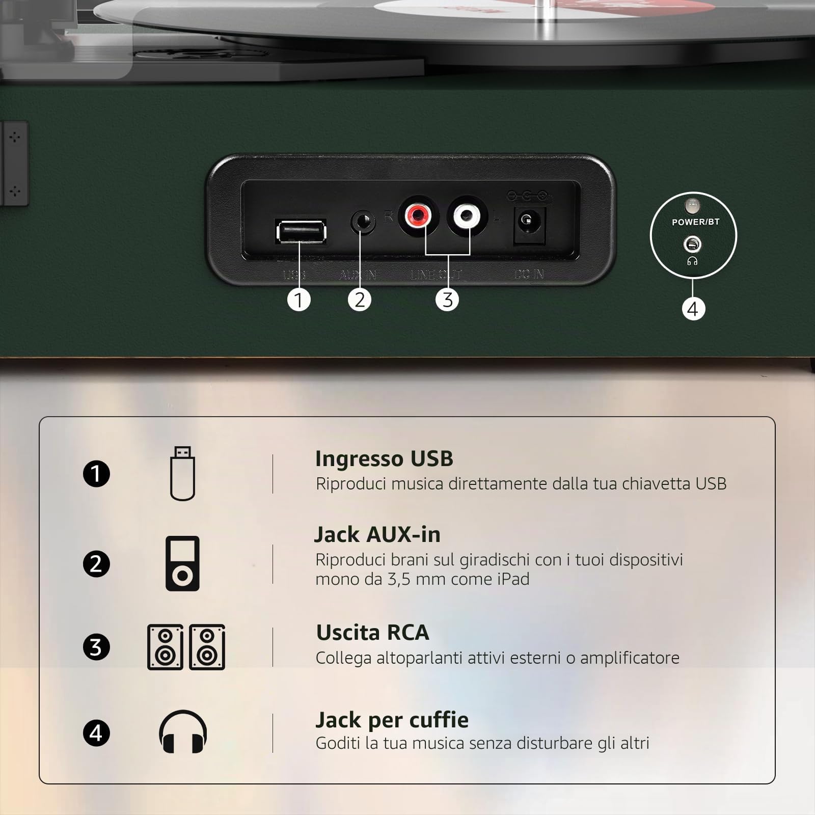 Udreamer Giradischi Bluetooth con Altoparlanti Integrati, Fonografo Vintage 3 Velocità, Verde
