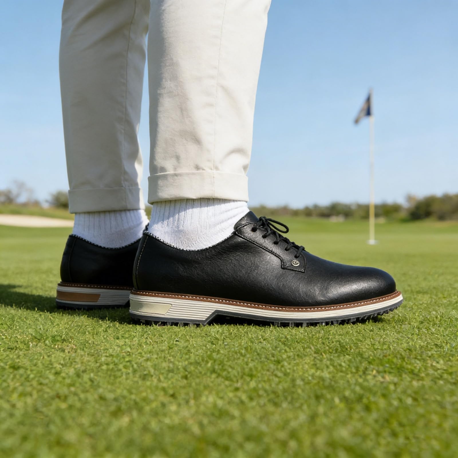 JiuQing Męskie wodoodporne buty golfowe skórzane buty biznesowe bez kolców sznurowane antypoślizgowe do uprawiania sportów na świeżym powietrzu