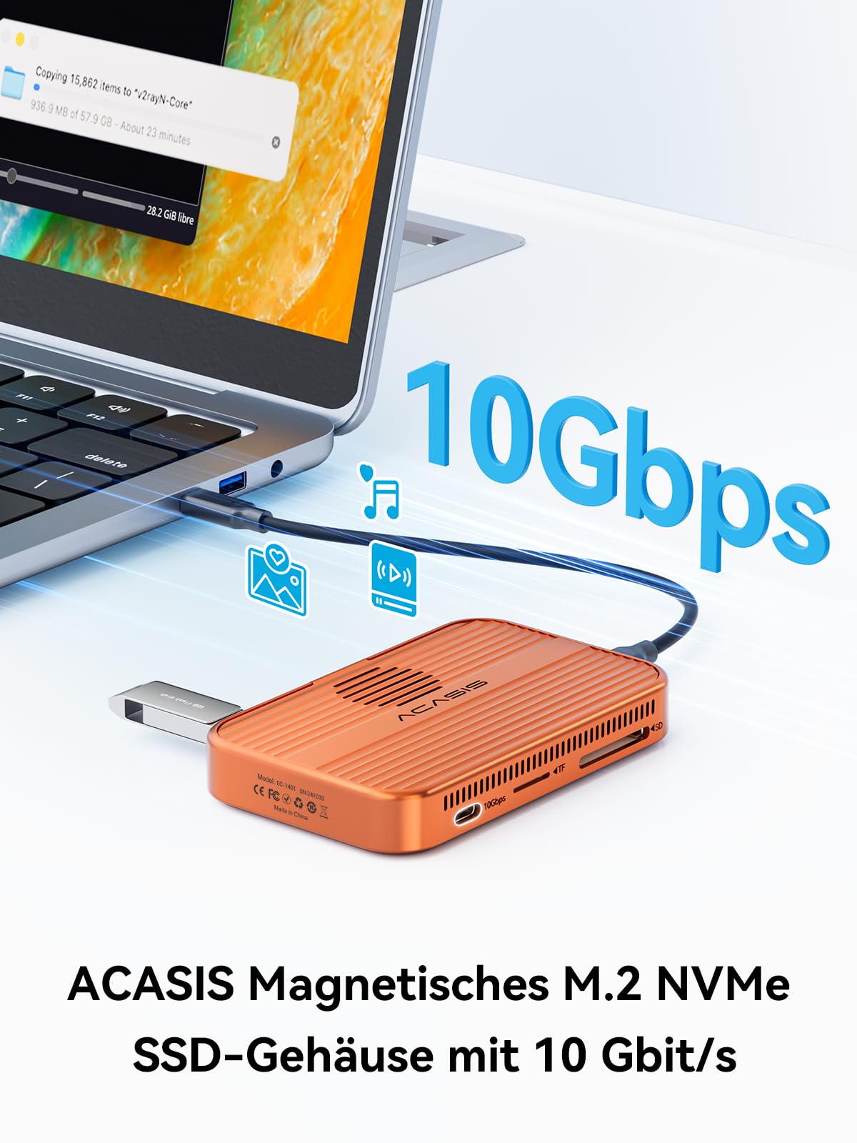 ACASIS 6-in-1 M.2 NVMe SSD-Gehäuse & USB-C Dockingstation, 10Gbps | Magnetisch für MagSafe, 4K@60Hz HDMI, SD/TF-Reader, 100W PD, für 2230-2280 SSD, mit Lüfter, ohne SSD enthalten