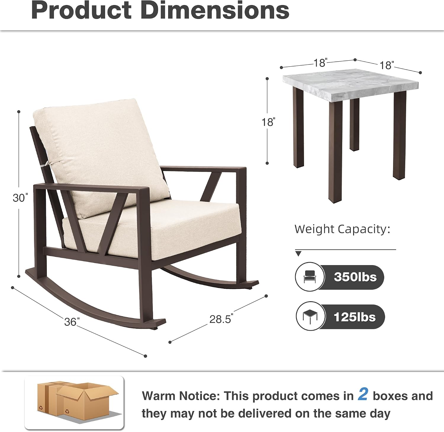 Outdoor Patio Rocking Chairs Set of 2, 3 Pieces Patio Porch Furniture Set with 6” Thick Cushions, Outdoor Bistro Set with Coffee Table, Upgrade Beige