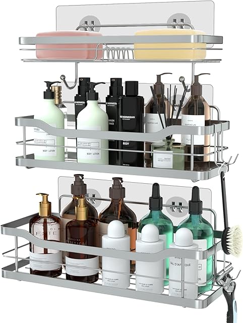 stusgo Adhesive Shower Shelves for Inside Shower, Shower Caddy Bathroom Shelves 3 Pack Shower Storage Wall Mounted Shower Organiser with 4 Hooks No Drilling Rustproof