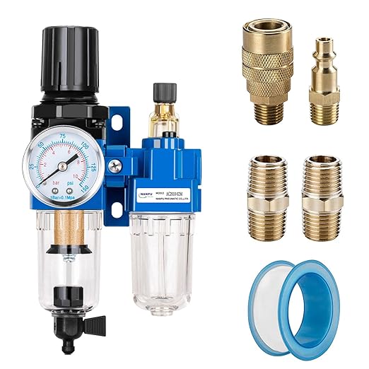 NANPU 1/4" NPT Compressed Air Filter Regulator Lubricator Combo, Water/Oil Trap Separator - Gauge(0-150 psi), Poly Bowl, Manual Drain, Bracket - AC2010-02M