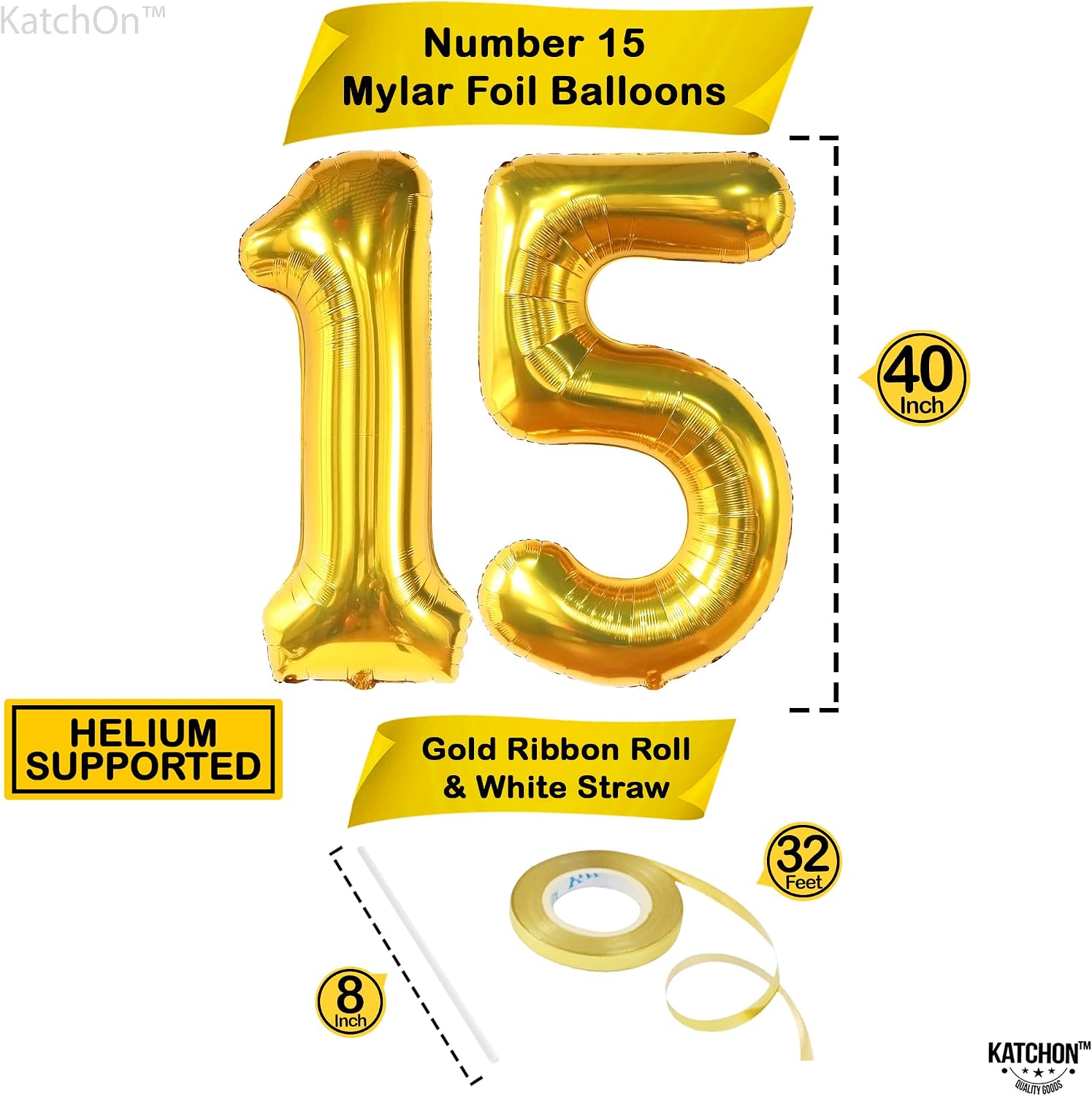 KatchOn, Giant Gold Number 15 Balloons - 40 Inch | Foil 15 Balloons Number For Birthday Party Decorations | Anniversary Decorations | Gold Party Decoration