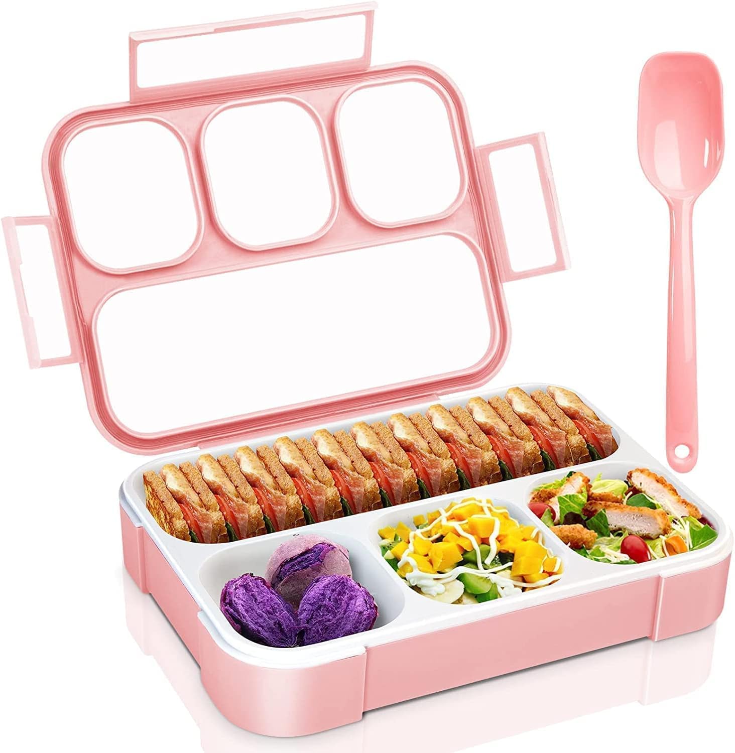 - Plastic Leak Proof 4 Compartment Lunch Box Reusable Microwave Freezer Safe Food Containers with Spoon for Adults and Kids
