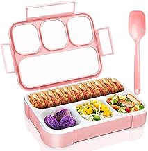 FOREWAY Plastic Airtight Lunch Box with 4 Compartments, Microwave, Freezer & Dishwasher Safe Includes Spoon & Fork Reusable Food Container for Kids & Adults at School, Office (Pink)