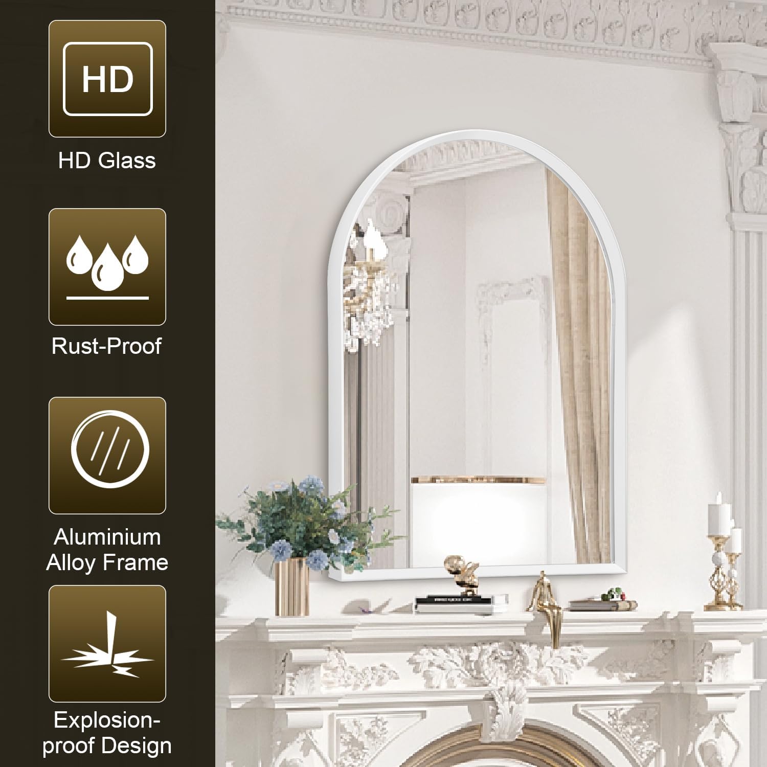 Arch Bathroom Mirror, Wall Mounted Mirrors, White Vanity Wall Mirror Metal Frame Home Decor for Bedroom, Entryway, Living Room 26"x18"