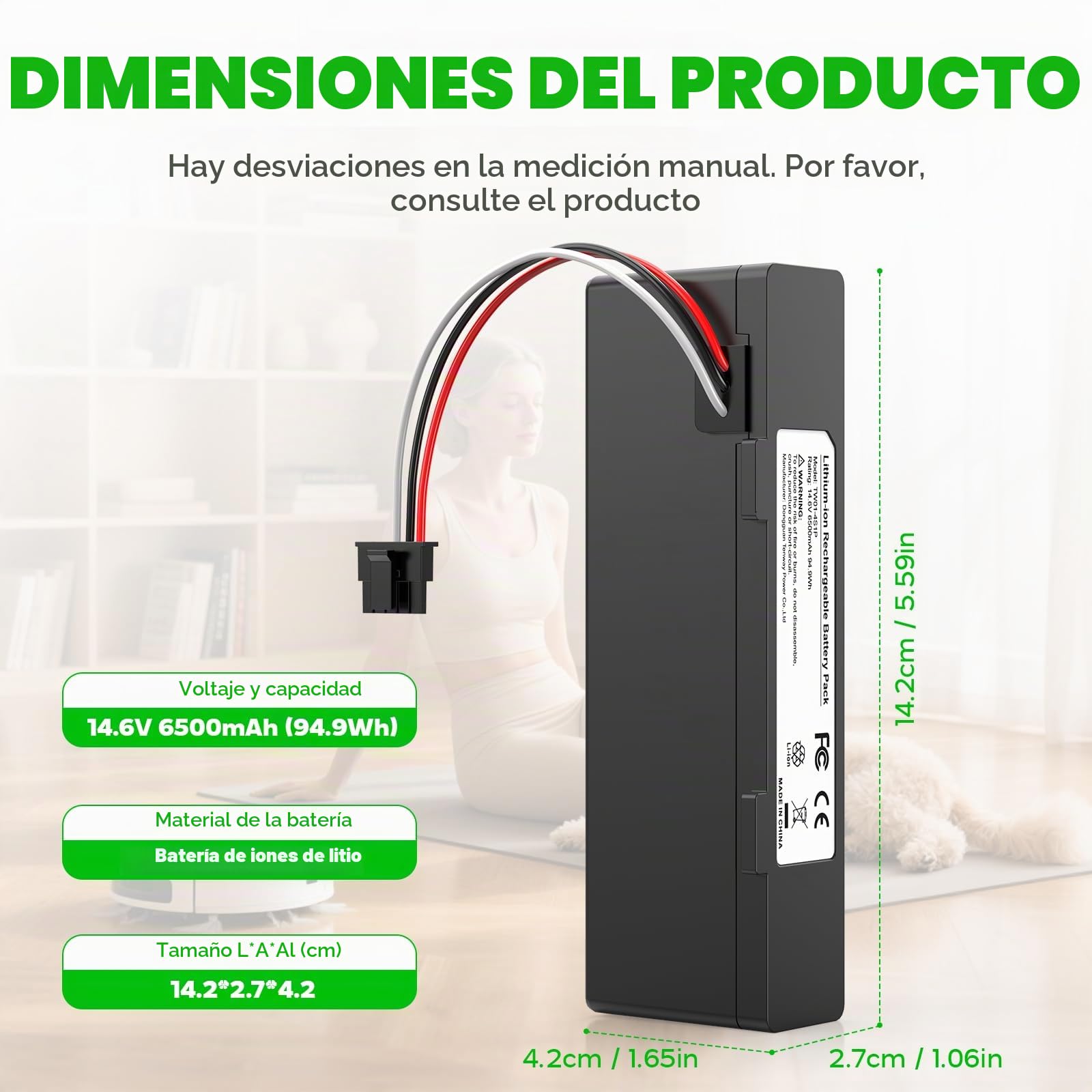 ASUNCELL 6500mAh Batería de Repuesto para Xiaomi Mop 2S / Mop Pro/Mop P Robot Aspiradora, batería de Iones de Litio Compatible con Xiaomi Mijia STYTJ02YM / XMSTJQR2S Aspiradora Robot Batería
