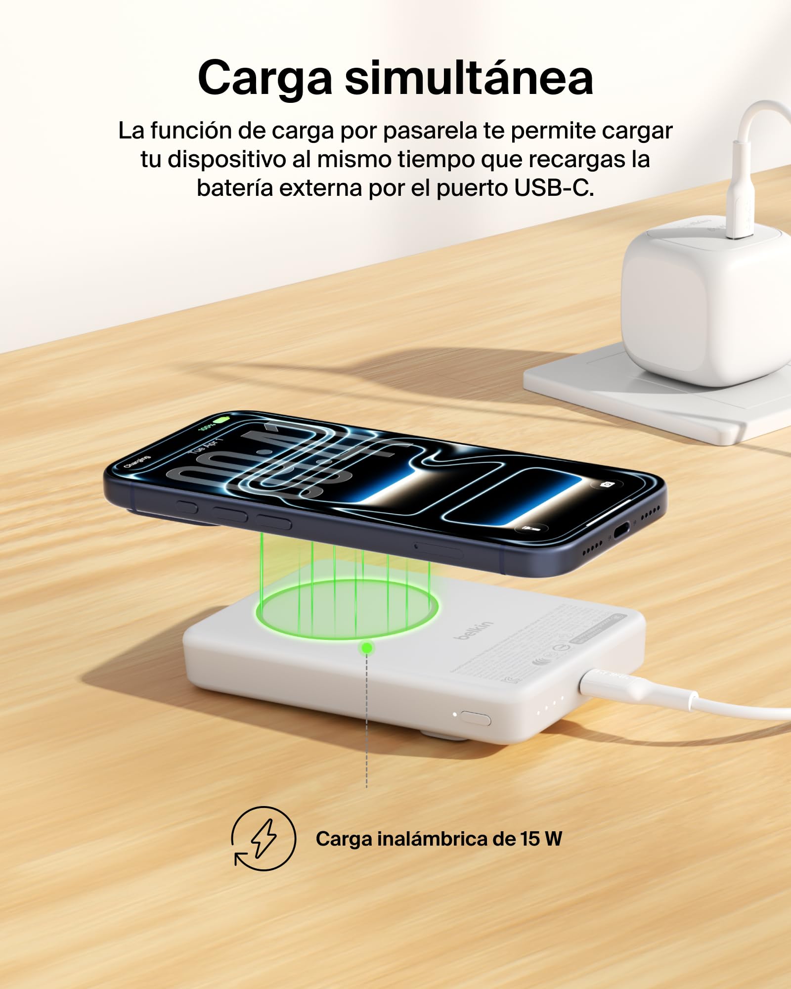 Belkin BoostCharge Batería Externa Magnética Delgada 10000mAh - Blanco | Power Bank con Soporte, Anillo Magnético, 1 Puerto USB-C, Cable Incluido, Autorizada como Equipaje de Mano, Batería Portátil