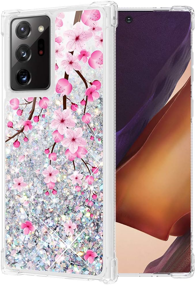 Caka Galaxy Note 20 Ultra Glitter Case, Galaxy Note 20 Ultra Glitter Case Flower for Women Girls Blossom Sparkle Bling Glitter Phone Case for Samsung Galaxy Note 20 Ultra (6.9 inch) (Cherry)