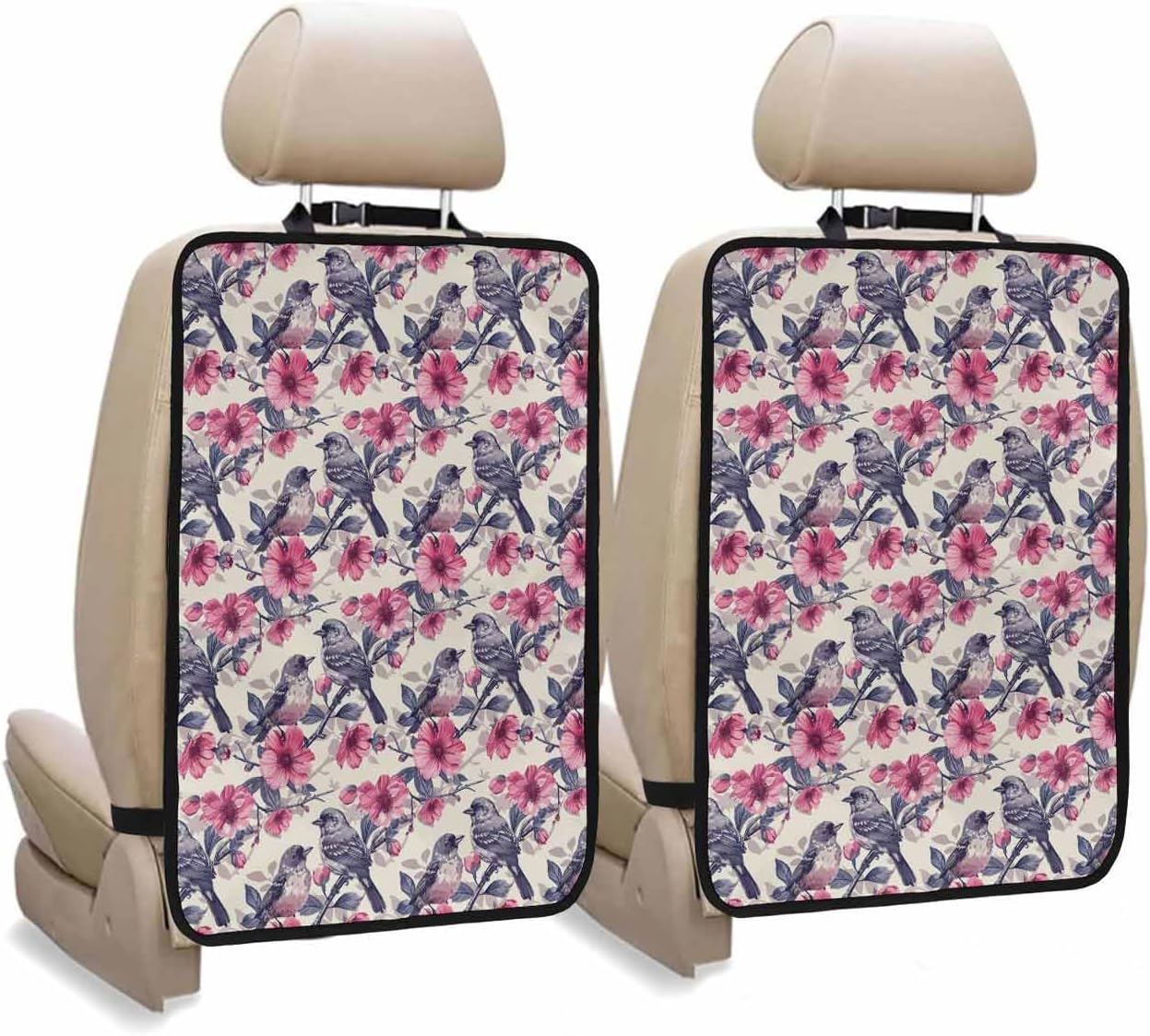 Car Seat Protector, 2 Pack Kick Mats Back Seat Protector Bird Nature Vintage Plant Tree Branches Birds Flowers Waterproof Backseat Cover for Kids Universal Fit Automotive Interior Protectors