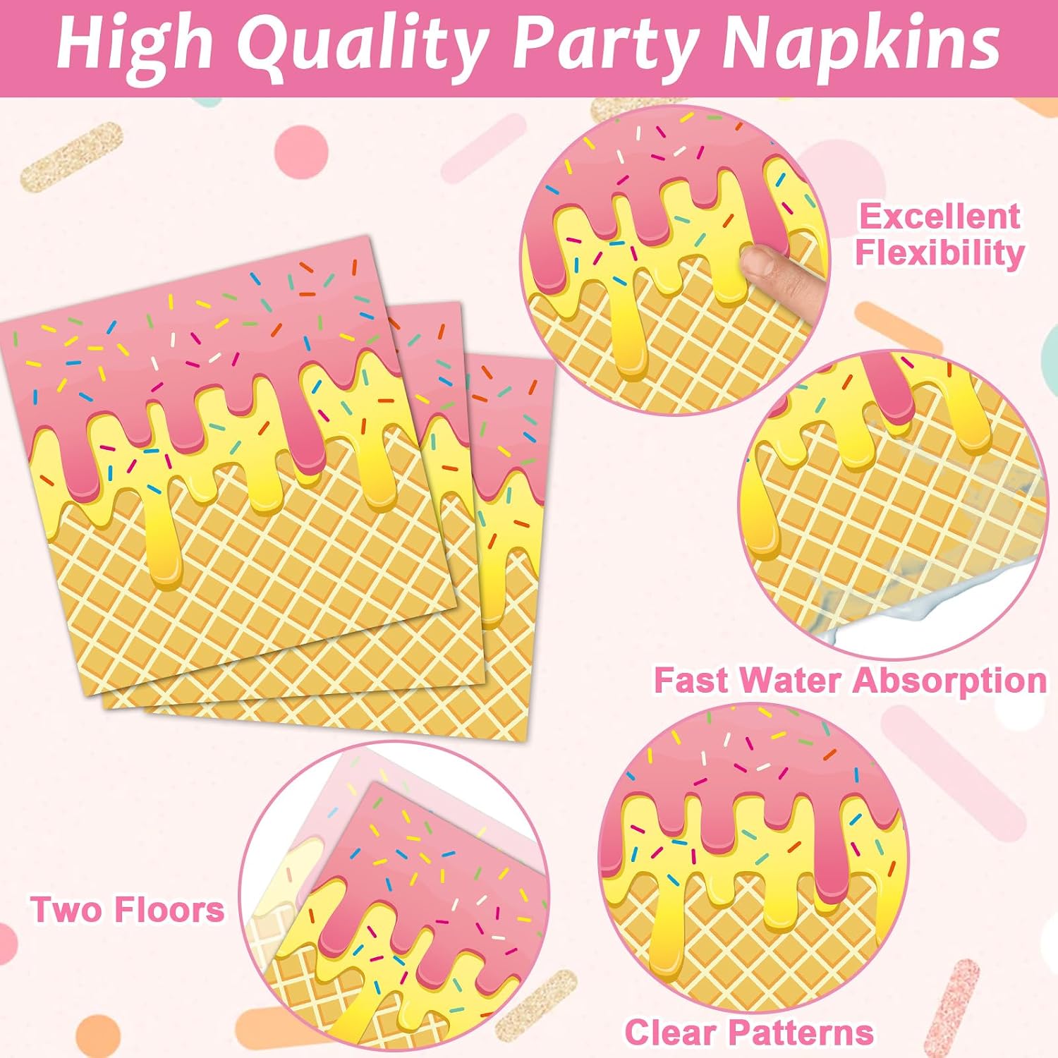 QOUBAI 100Pcs Ice Cream Birthday Party Supplies Pink Sweet Ice Cream Paper Plates Napkins Fork Set Disposable Fairy Ice Cream Tableware Decorations for Girls Baby Shower Dinner Serves 25 image 4
