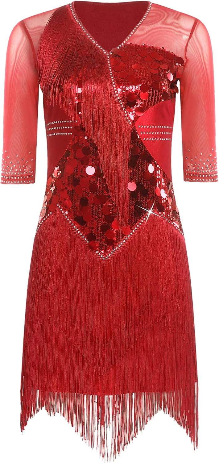 JEATHA Sequin Fringe Latin Dress for Women Tiered Tassel Cocktail Flapper Dresses Salsa Ballroom Dancing Costume
