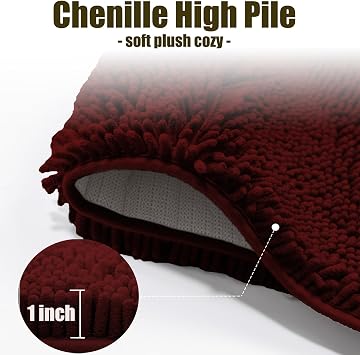 Chenille Bath Rugs 4 Piece,Super Soft Bathroom Rugs with Toilet Lid Cover,Machine Washable Non-Slip Bath Mat Set for Shower,Toilet Mats for Bathroom,Burgundy Red