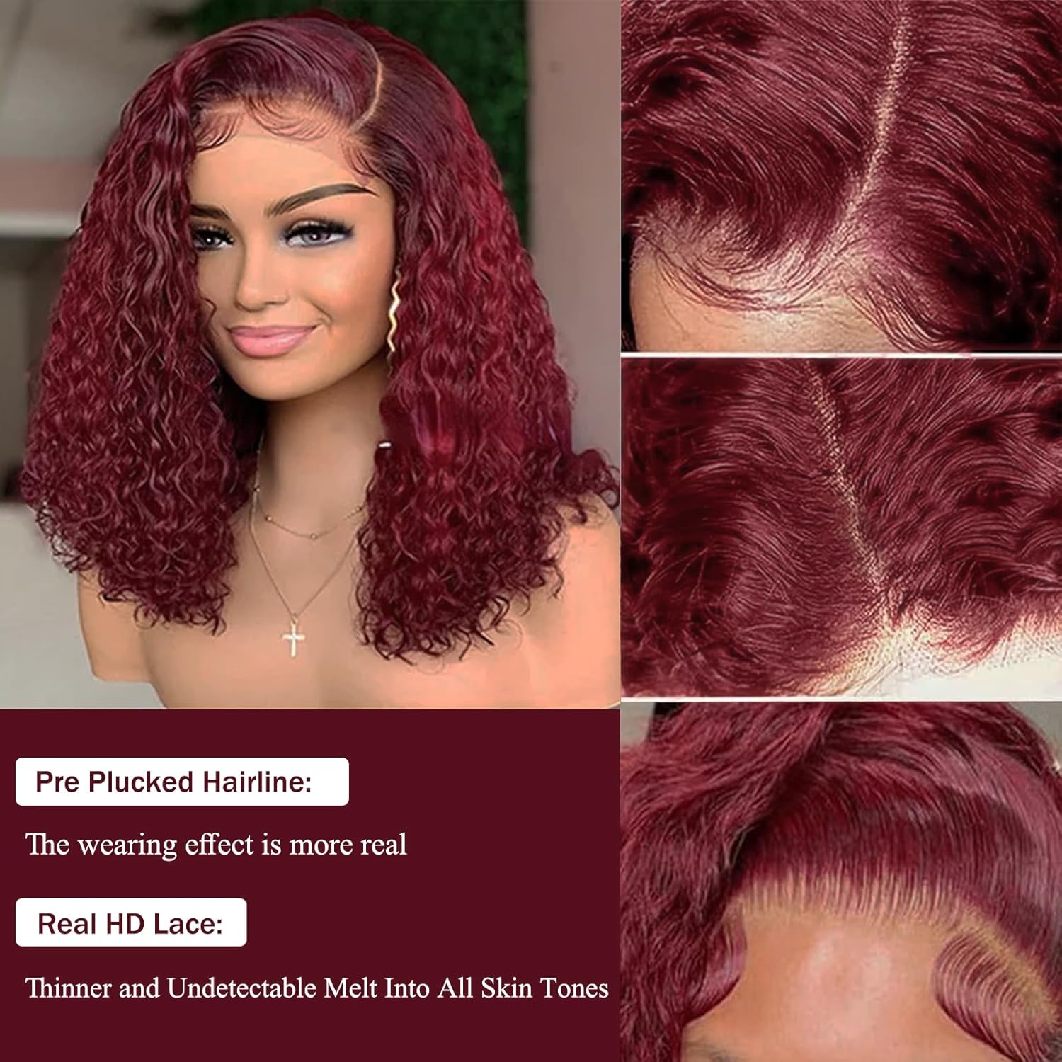 12 Inch 99J Burgundy Deep Wave Curly Bob Wig for Women 180% Density Human Hair 13x4 HD Lace Front Wigs