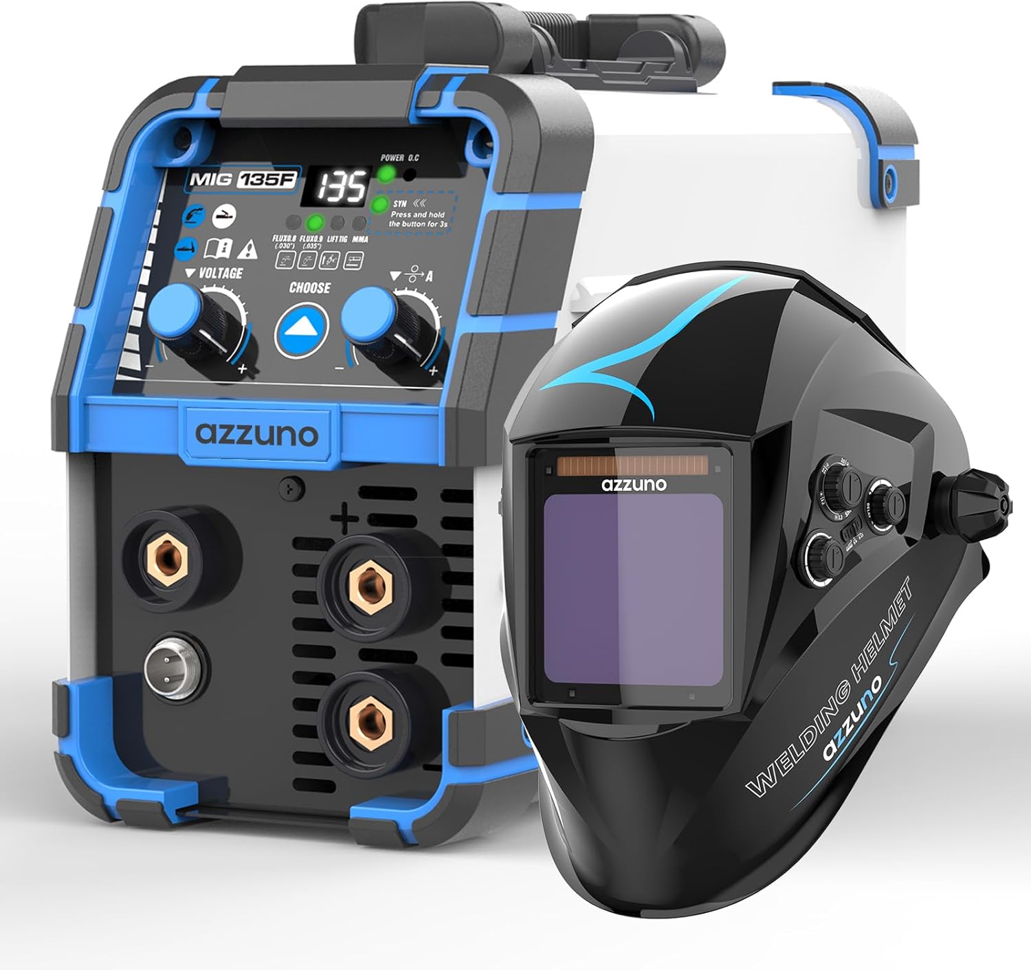 AZZUNO 135A MIG Welder & Welding Helmet Auto Darkening with True Color Large Viewing 3.94"×3.82", 3 in 1 Multiprocess Welder 110V MIG Welder Machine Flux MIG/Lift TIG/Stick Welding Machine