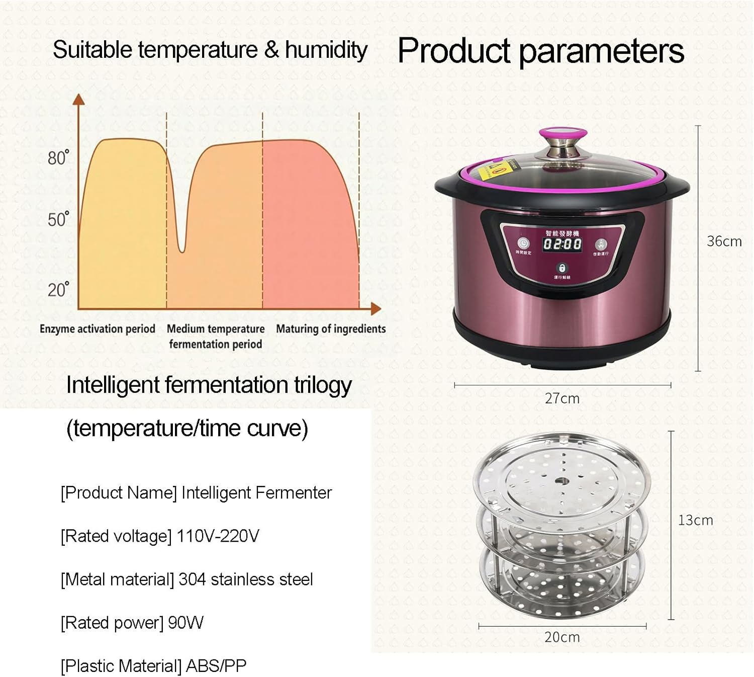 90w 6L Multi-functional Health Fermentation Pot for Black Garlic Yogurt Enzyme Natto Sweet Rice Fruit Wine Kimchi Fermenter with Stainless Steel Shelves