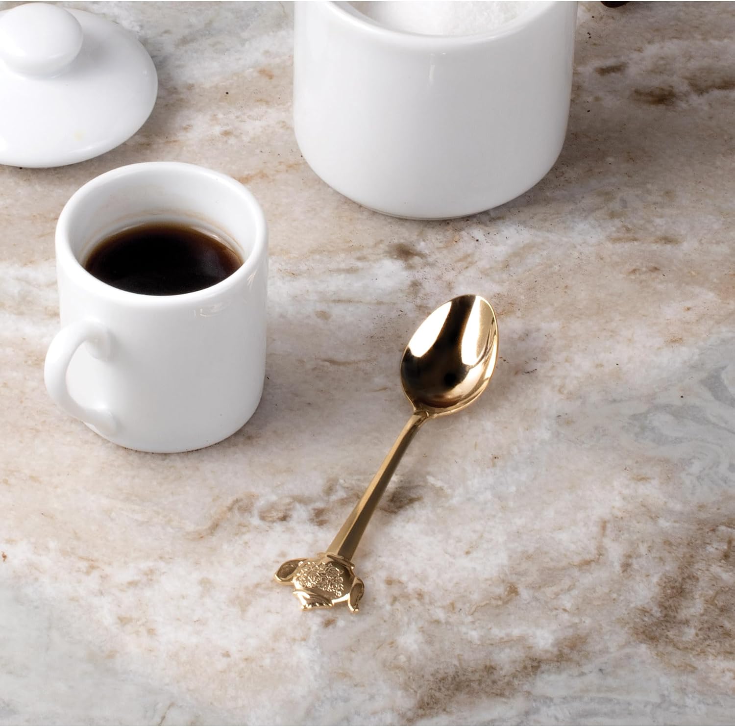 Fino Demi Spoon, Gold-Plated Stainless Steel, Teapot Design, For Everyday Coffee, Desserts, Entertaining, and Holiday Dining, Set Of 12