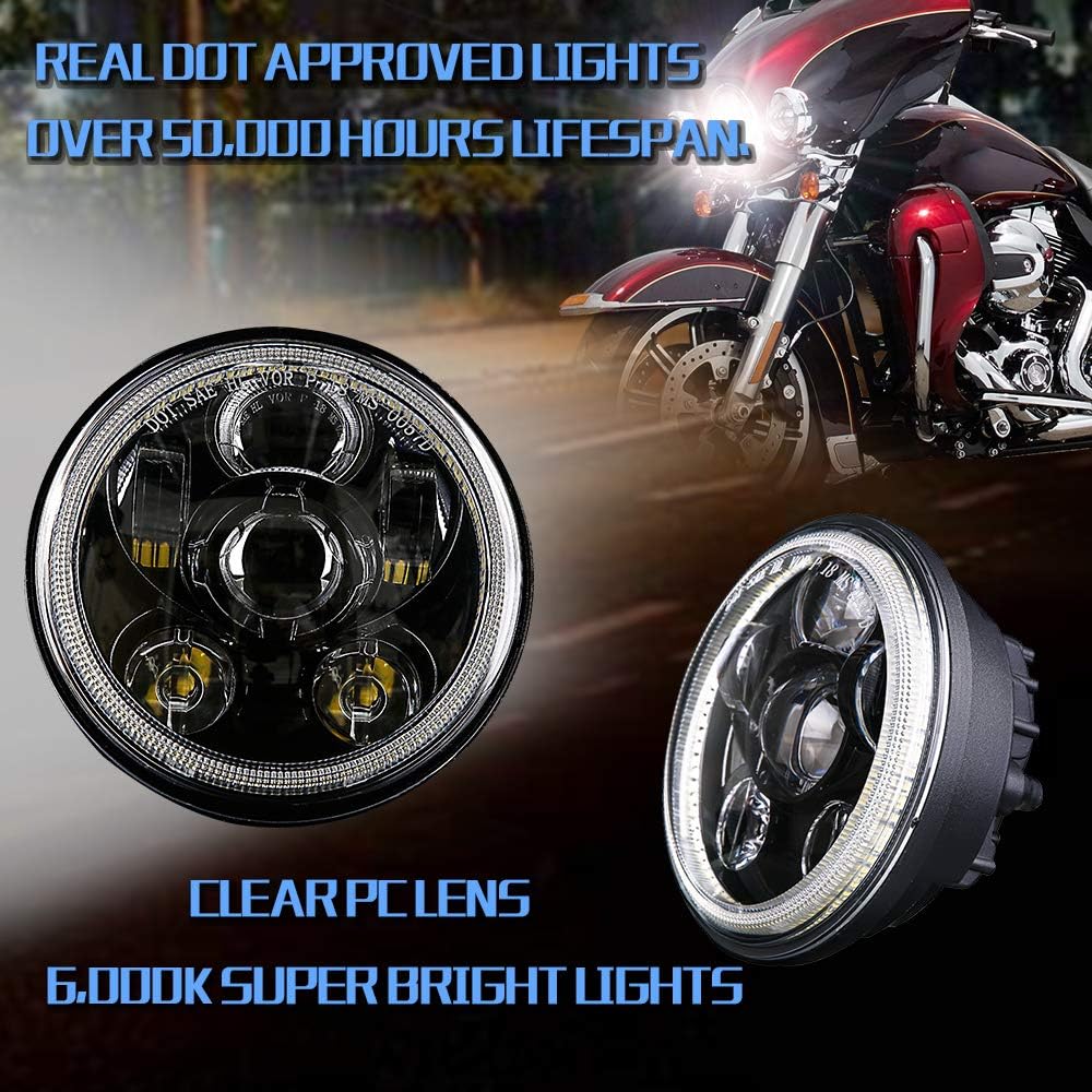 5-3/4 5.75 Inch LED Headlight with Halo DRL Compatible with Harley Davidson Dyna Street Bob Super Wide Glide Low Rider Night Rod Train Softail Deuce Custom Sportster Iron 883-Black