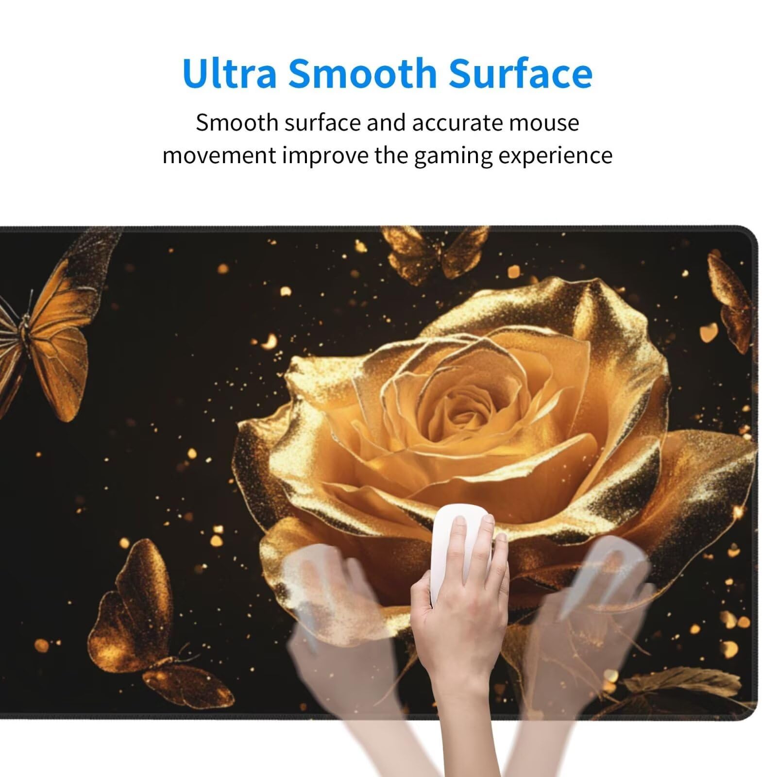 Gaming Mauspad XXL 1200x600x3mm Mousepad Verlängertes Groß Mauspad Schreibtischauflage, Genähte Kanten rutschfeste Gummibasis, Verbessert Präzision Geschwindigkeit Goldene Schmetterlingsrose L-2948