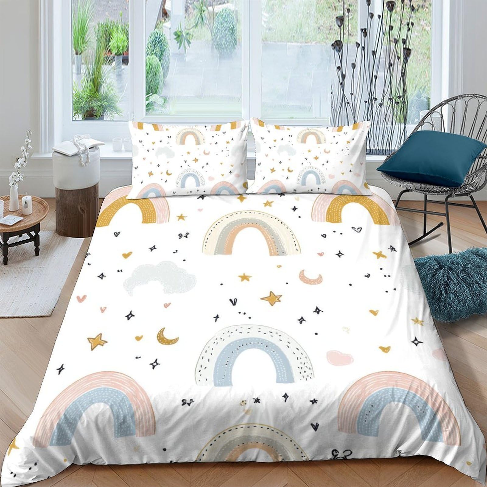 Ctjqhvkz Style-9 3D Printed Rainbow Pastel Fitted Sheet Microfiber Soft Breathable Moon Star Bed Cover For Bedroom Guest Room Decor Single（135X200cm）