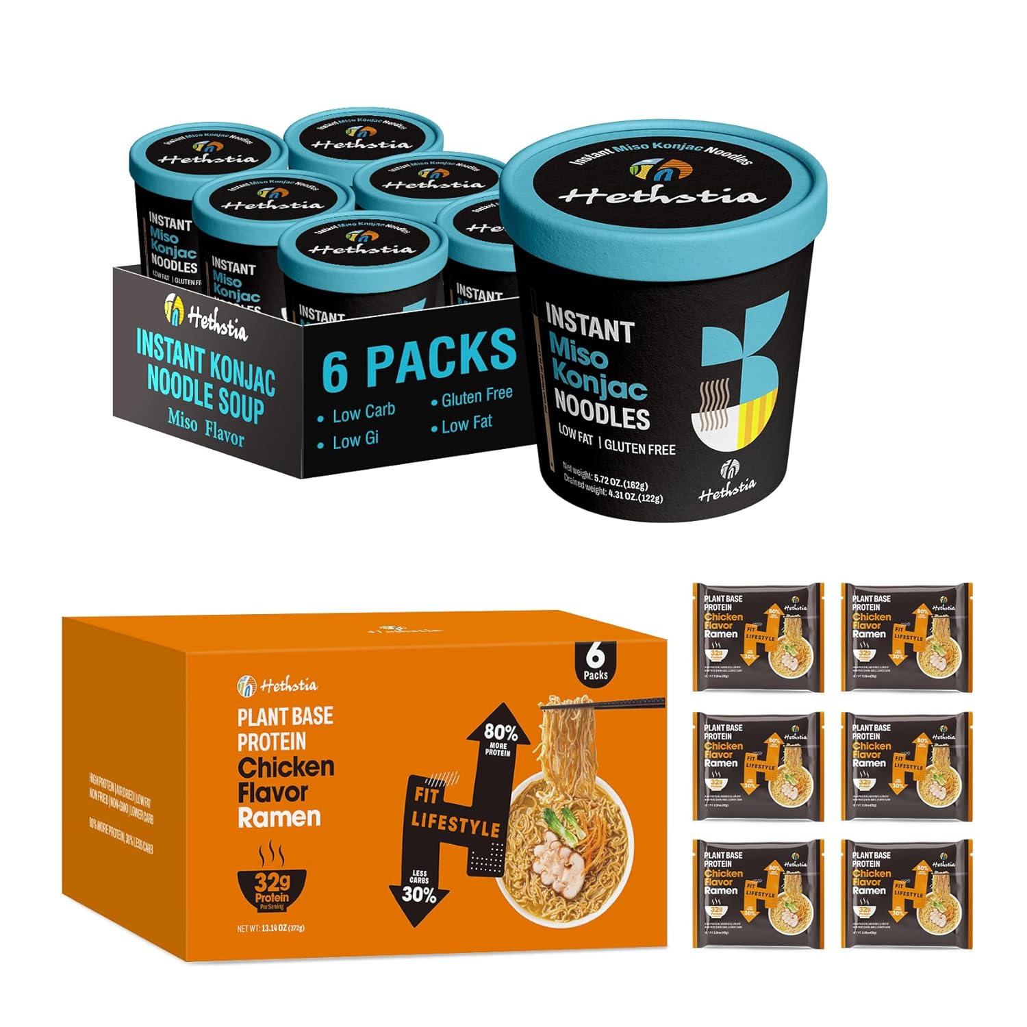 Hethstia Miso Konjac Noodle Cup 6 Packs & High-Protein Chicken Ramen 6 Packs, Low-Calorie Shirataki Noodles & Plant-Based Instant Ramen, Healthy Meal Bundle, Keto, Vegan, Ideal Gift