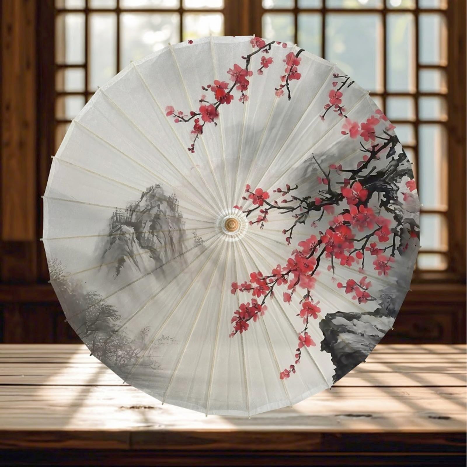 FANSU Chinesischer Regenschirm mit Holzgriff Handgemachte Regenschirm aus Geöltem Papier Japanischer Sonnenschirm aus Reispapier mit Holzgriff Stockschirm, Chinesischer